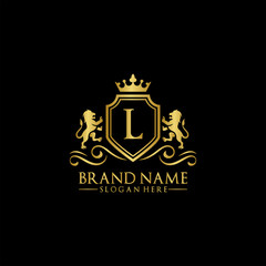 Lion Logo with Letter in Royal Shield Vector Logo