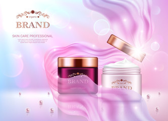 Realistic day cream and night cream jars with golden lids on pink bokeh background with smooth transparent chiffon fabric. Advertising poster for the promotion of cosmetic skin care premium product