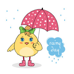 Rainy day. Cute chicken character in boots holding an umbrella