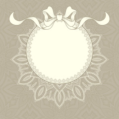 Vintage background with lace frame and ribbon for greeting card, invitation or announcement