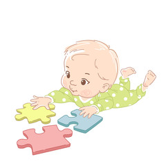 Cute little baby laying on stomach play puzzle.