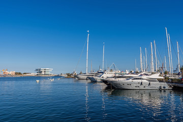 Obraz premium Valencia – Luxury power boats and sailing yachts in the Royal Marina in Valencia Spain