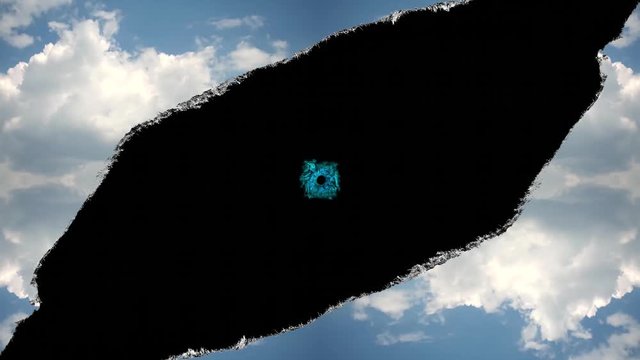 Creative 4k time laps video hole in the sky with moving clouds with torn edges, as on paper, and moving into the camera in this hole from the darkness of outer space of the eye. A hole in space.