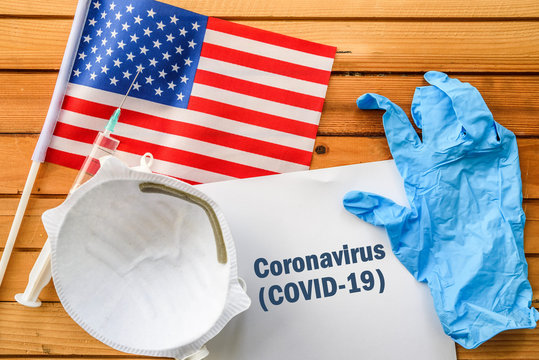 Coronavirus in United States,. Flag of United States,, vaccine, face mask for virus, glove and paper sheet with words Coronavirus COVID-19 - Powered by Adobe