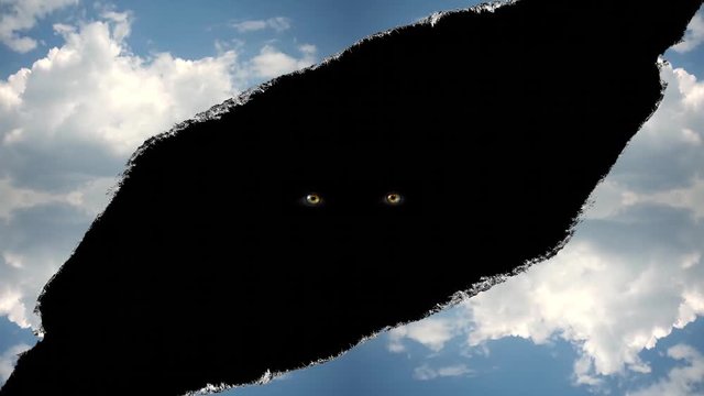 Creative 4k time laps video hole in the sky with moving clouds with torn edges, as on paper, and eyes moving into the camera in this hole from the dark. The idea of a hole in space.