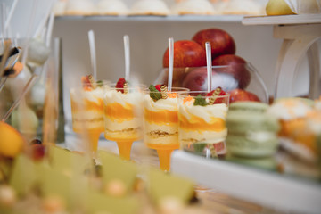 desserts with fruits, mousse, biscuits. Different types of sweet pastries, small colorful sweet cakes, macaron, and other desserts in the sweet buffet. candy bar for birthday