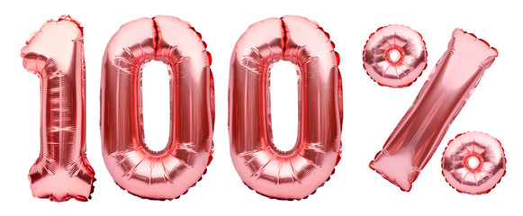 Rose golden one hundred percent sign made of inflatable balloons isolated on white. Helium...