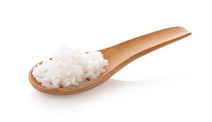 Fototapeta na wymiar .cooked rice in wood spoon on isolated white background