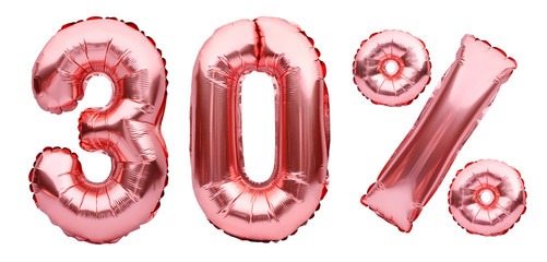 Rose golden thirty percent sign made of inflatable balloons isolated on white.Helium balloons, pink foil numbers. Sale decoration, black friday, discount concept.30 percent off, advertisement message. © Magryt