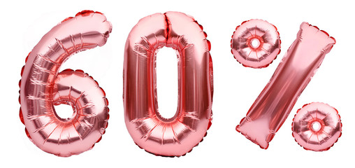 Rose golden sixty percent sign made of inflatable balloons isolated on white.Helium balloons, pink foil numbers. Sale decoration, black friday, discount concept. 60 percent off, advertisement message. © Magryt