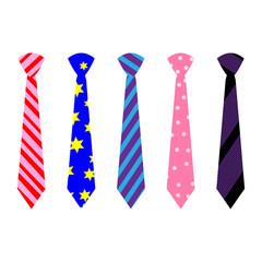 Set flat vector ties, accessory for men, different types of tie isolated on white