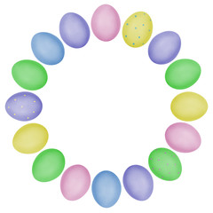 Round Easter frame made of photos of painted eggs. Closeup photos of isolated eggs with eggshell texture. Happy Easter concept.