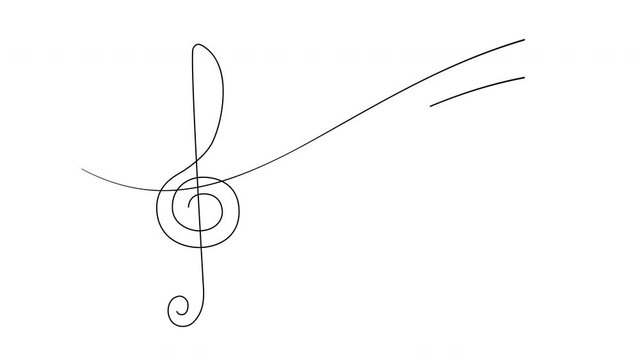 Self drawing animation of violin clef and printed text. Concept of music art and concert. Copy space. White background.