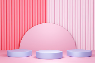 Naklejka na ściany i meble 3d illustration with geometric step colorful cylinder podium platform for cosmetic products presentation.Mock up design empty space. Abstract composition in pastel background modern style