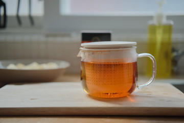 red tea in the glass tea pot at kitchen