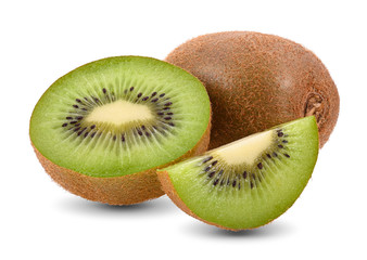 Fresh kiwi cut in half, isolated on a white background.