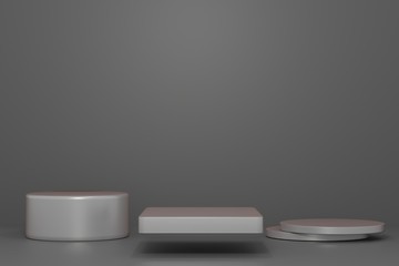 Mock up 3d rendered illustration with geometric shapes silver podium top light platforms for cosmatic product presentation,minimal design with empty space. Abstract composition in modern style