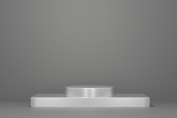 Mock up 3d rendered illustration with geometric shapes silver podium top light platforms for cosmatic product presentation,minimal design with empty space. Abstract composition in modern style