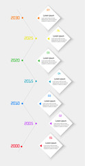 Modern business vertical timeline process chart infographics template. Flat infographic design template. Vertical timeline with 8 rectangular elements and year indication.