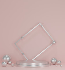 Fototapeta na wymiar 3d rendering scene with composition empty silver cylinder podium for cosmetic product presentation & abstract background. Mockup Geometric shape in pink pastel colors. Minimal design empty space.