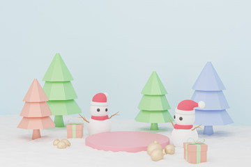Merry Christmas and Happy New Year ,Abstract geometric podium product stage with xmas balls, pine tree, snowman, gift box, platform Scene to show cosmetic products presentation.3d render