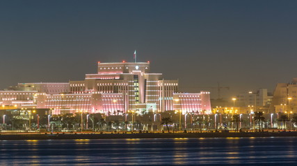 Doha skyline with Ministry of Interior night timelapse. Doha, Qatar, Middle East