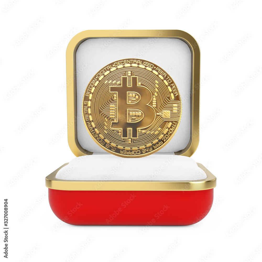 Poster digital golden cryptocurrency bitcoin coin in the red gift box. 3d rendering