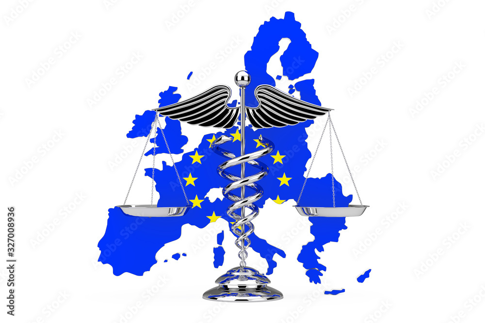 Aufkleber medical caduceus symbol as scales in front of european union map with flag of eu. 3d rendering