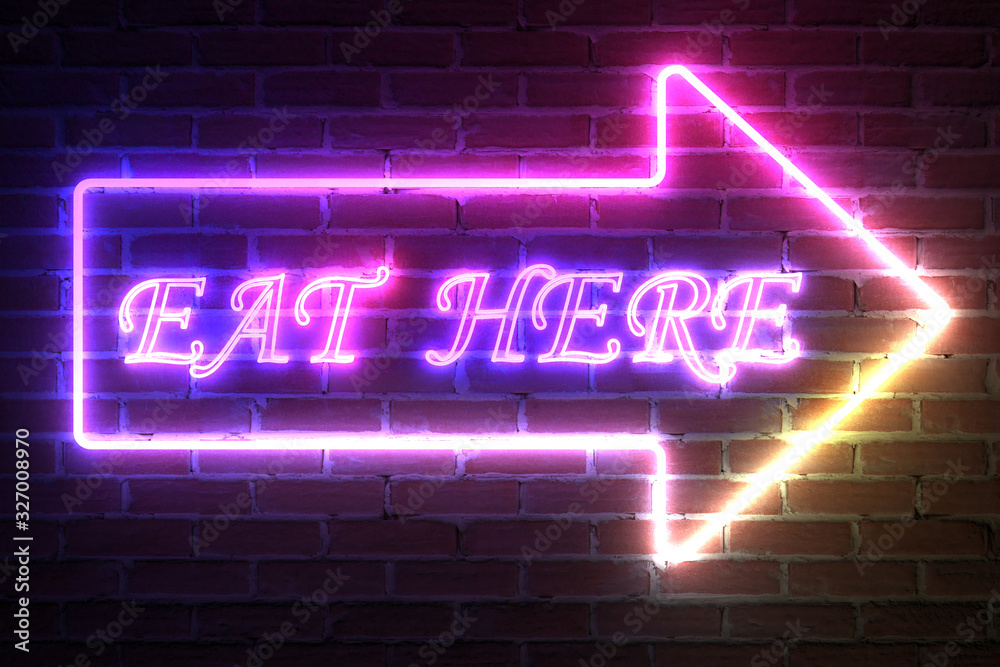 Poster arrow neon light frame with eat here sign. 3d rendering