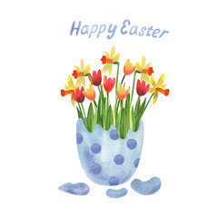 Bouquet of flowers in a cracked polka dots egg. There are tulips and daffodils. Watercolor illustration isolated on white background. Great for Easter products design.