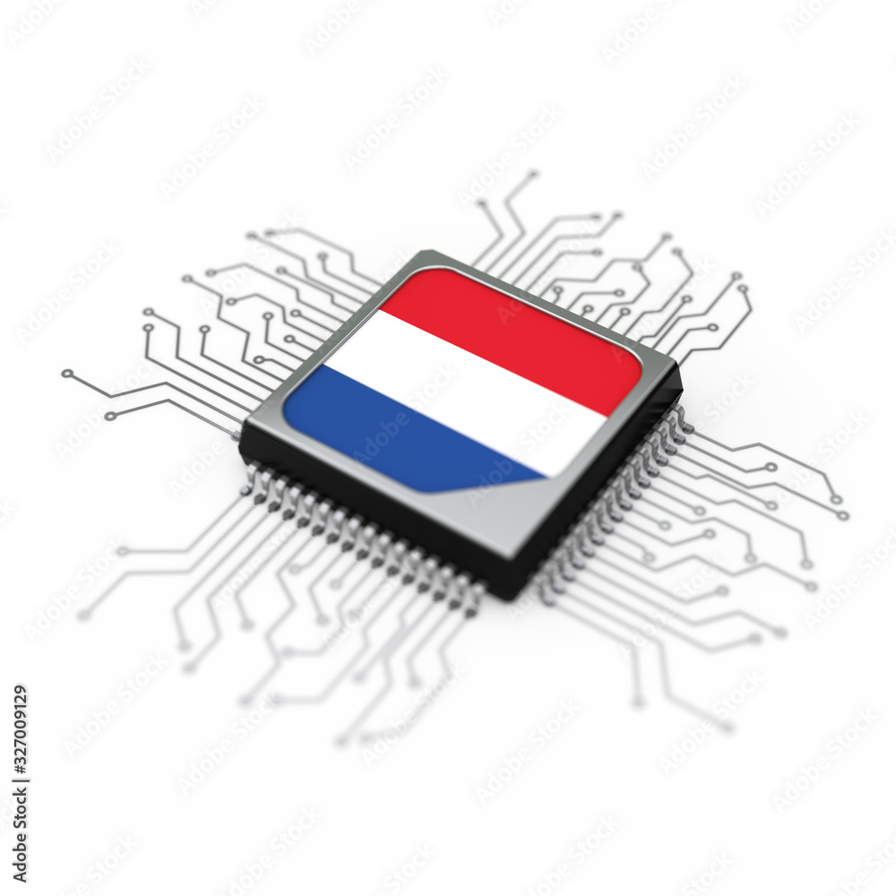 Poster Microchip CPU Processor with Circuit and the Netherlands Flag. 3d Rendering