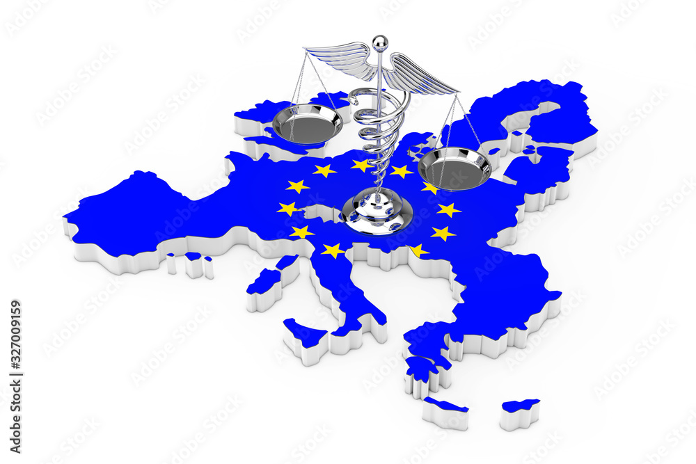 Poster Medical Caduceus Symbol as Scales over European Union Map with flag of EU. 3d Rendering