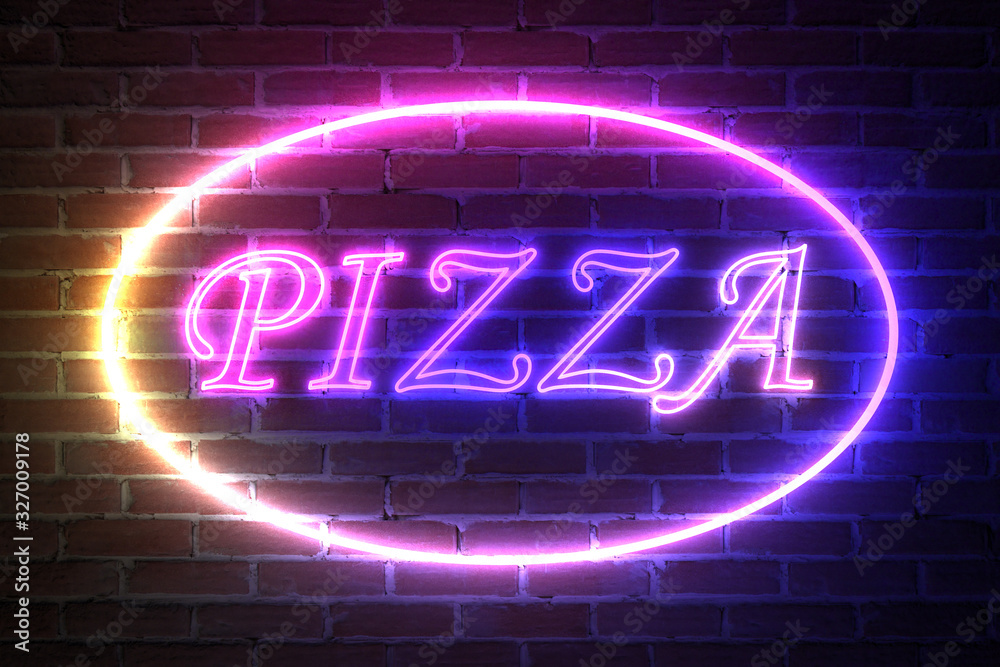 Poster Ellipse Neon Light Frame with Pizza Sign. 3d Rendering