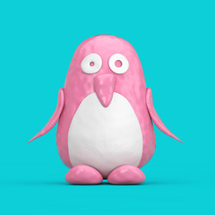 Cute Pink and White Toy Cartoon Plasticine or Clay Penguin in Duotone Style. 3d Rendering