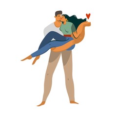 Hand drawn vector stock abstract graphic Love illustration with young romantic kissing walking couple together isolated on white background