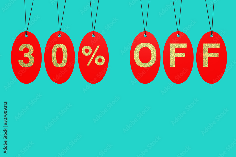 Poster red sale tags with 30 percent off sign. 3d rendering