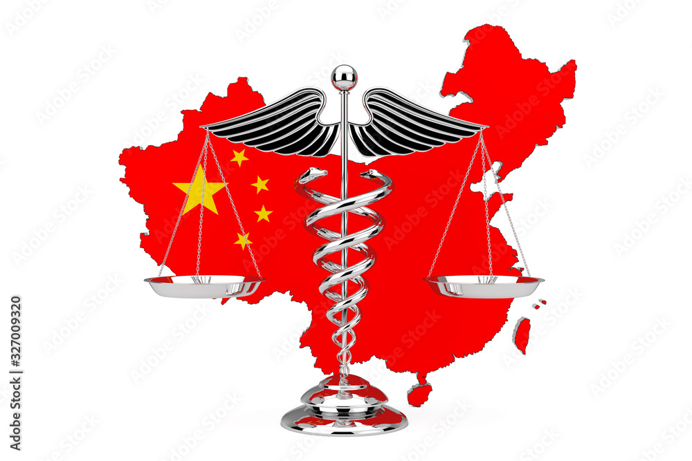 Poster Medical Caduceus Symbol as Scales in front of China Map and Flag. 3d Rendering