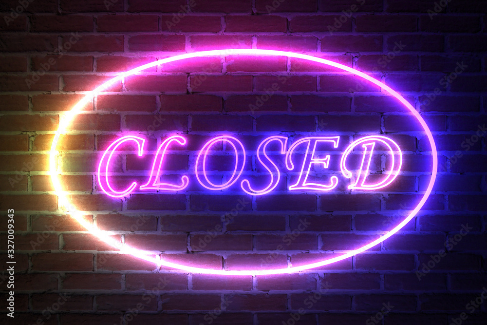 Poster Ellipse Neon Light Frame with Closed Sign. 3d Rendering