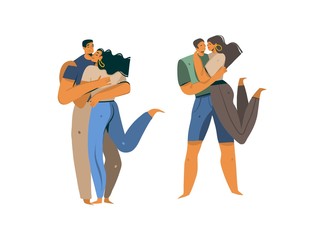 Hand drawn vector stock abstract graphic Love illustrations collection set with young romantic kissing walking couples together isolated on white background
