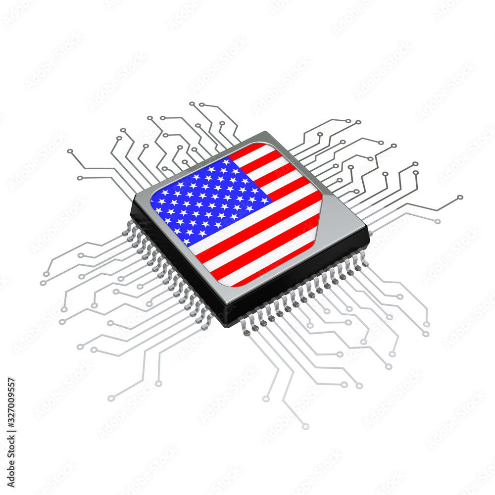 Poster Microchip CPU Processor with Circuit and USA Flag. 3d Rendering