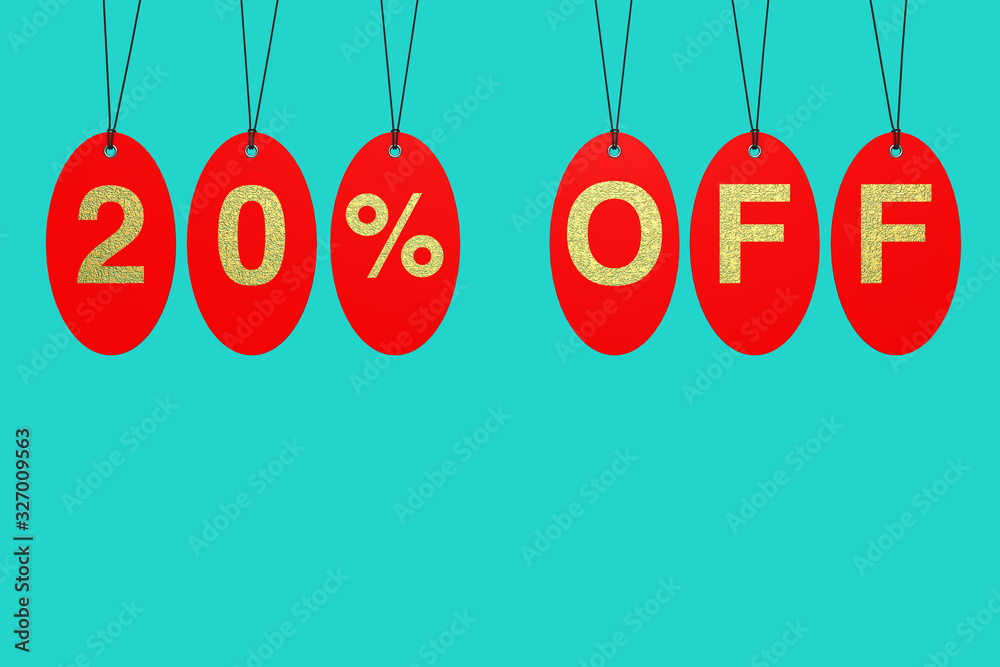 Poster red sale tags with 20 percent off sign. 3d rendering