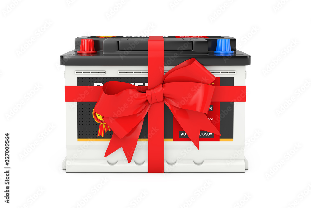 Poster rechargeable car battery 12v accumulator with abstract label and red gift bow and ribbon. 3d renderi