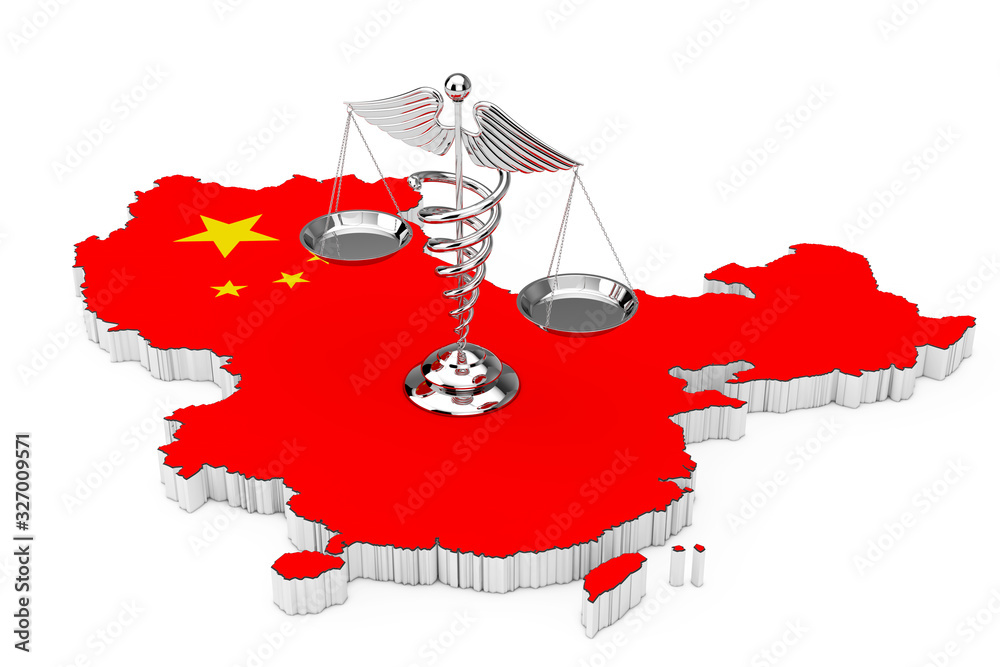Poster medical caduceus symbol as scales over china map and flag. 3d rendering