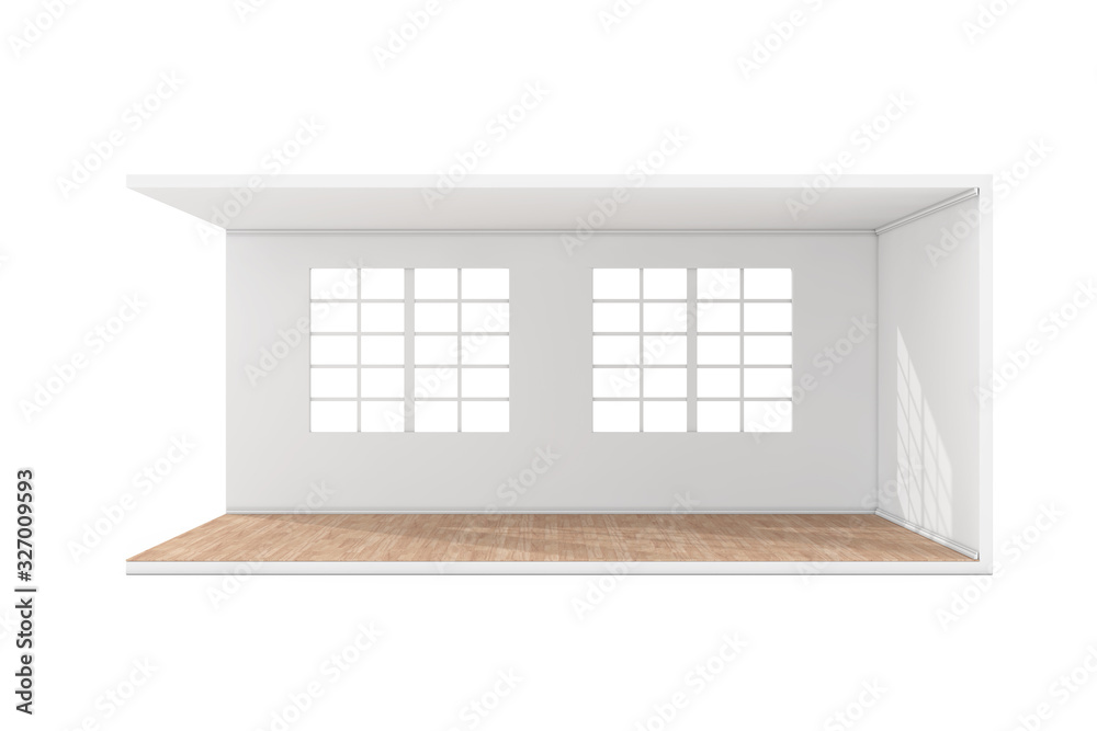 Poster empty room interior with large windows and wooden parquet floor. 3d rendering
