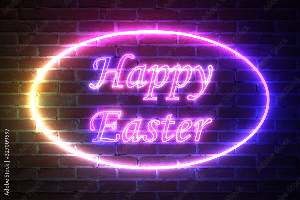 Poster ellipse neon light frame with happy easter sign. 3d rendering