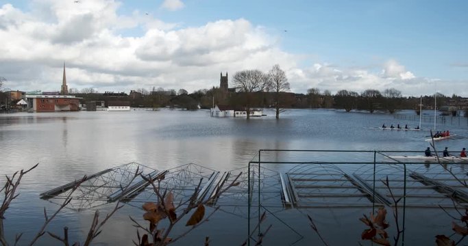 Rowing Boats On Flood Water Worcester Cricket And Rugby Pitches February 2020