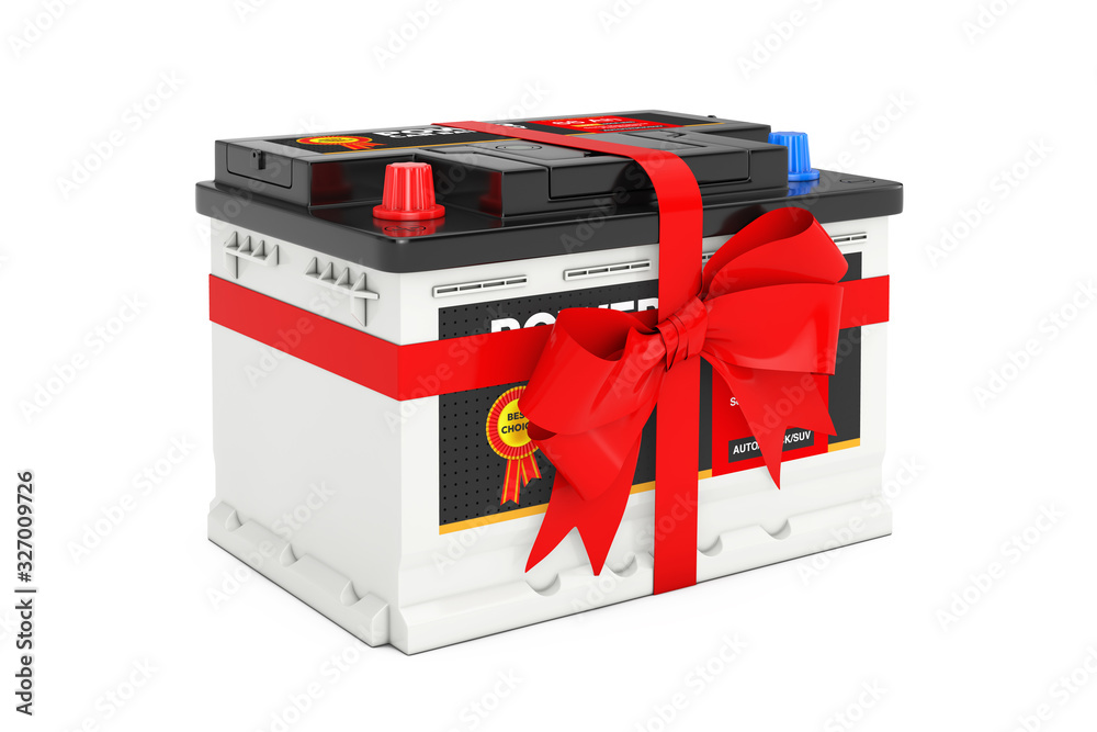 Poster rechargeable car battery 12v accumulator with abstract label and red gift bow and ribbon. 3d renderi