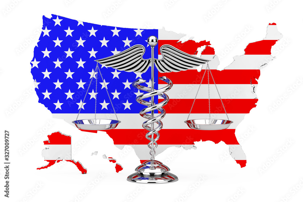 Poster medical caduceus symbol as scales in front of usa map. 3d rendering