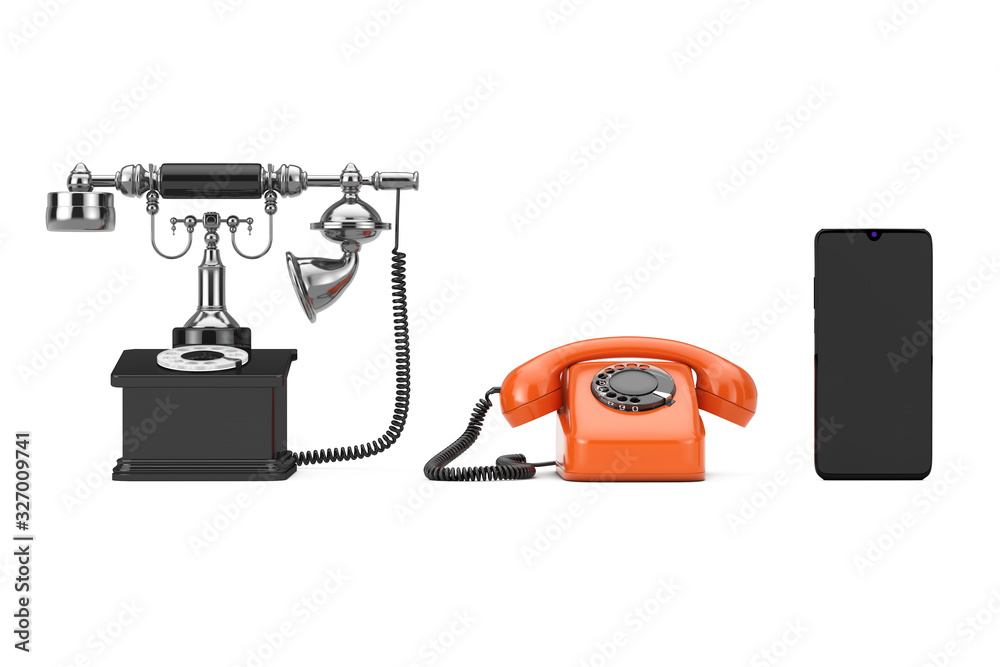 Fototapete technology evolution concept. progress from retro rotary phone to mobile phone. 3d rendering