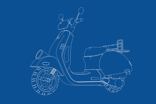 Technical Illustration of Wire-frame Style Classic Vintage Retro or Electric Scooter Blueprint. 3d Rendering